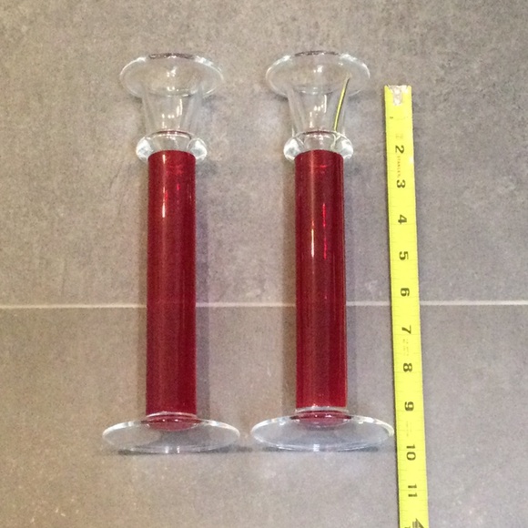 Pair of 10” contemporary red glass candlestick holders - Picture 4 of 4